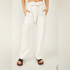 Free People Sky Rider Straight-Leg Pants NWOT Size S Ecru Belted Paper Bag Waist